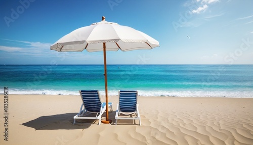 tropical beach banner with chairs and umbrella