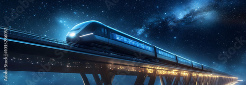 Futuristic train speeding across a sky-high bridge, surrounded by stars -  
