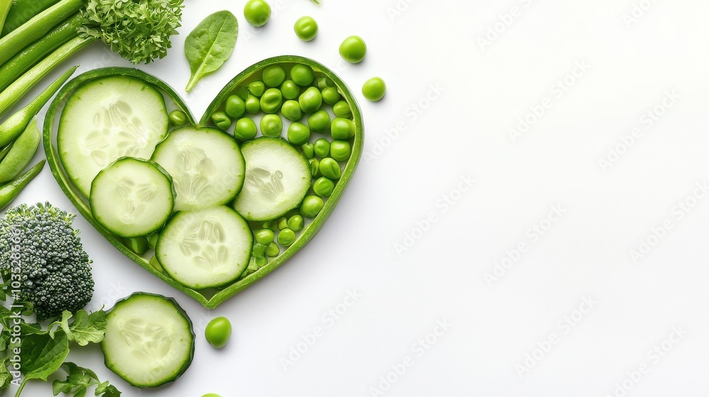 A creative heart design using only green vegetables like broccoli, cucumbers, and peas, placed on a white background. A creative heart design using only green vegetables like broccoli, cucumbers, and peas, placed on a white background.