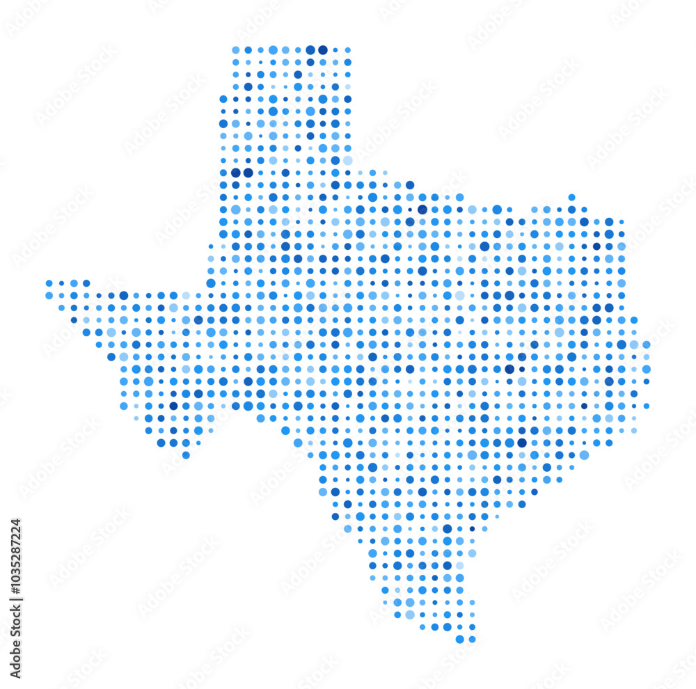 Obraz premium Texas dot map. US state digital style shape. Texas vector image. US state shape blue circular dots. Awesome vector illustration.
