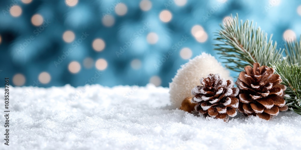 Snowy Scene with Pine Cones and Winter Background Snowy Scene with Pine Cones and Winter Background