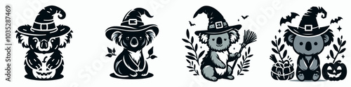 Charming Halloween-themed koala illustrations featuring festive hats, spooky elements, and playful designs. photo