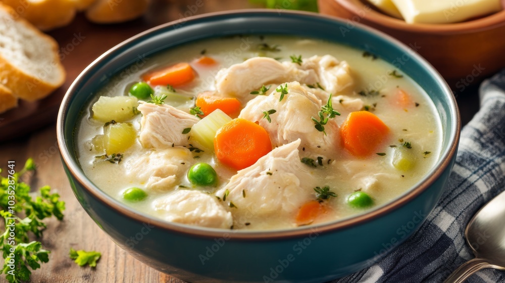 A comforting bowl of chicken and dumplings soup with tender pieces of chicken, fluffy dumplings, carrots A comforting bowl of chicken and dumplings soup with tender pieces of chicken, fluffy dumplings, carrots