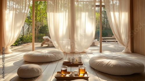 A Relaxing Zen Interior with Sheer Curtains and Pillows photo