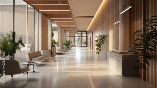 Hospital corridor with waiting area and patient rooms 3D render