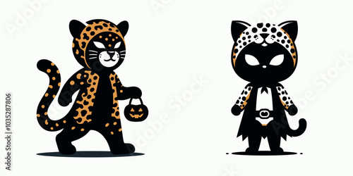 Playful cartoon cats in leopard costumes, perfect for Halloween-themed designs and illustrations.