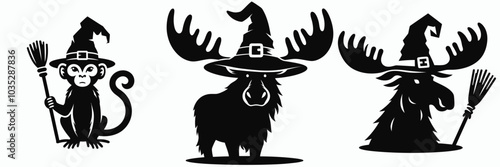 Playful Halloween illustrations of a monkey, moose, and yak wearing witch hats. Perfect for festive designs and decorations. photo