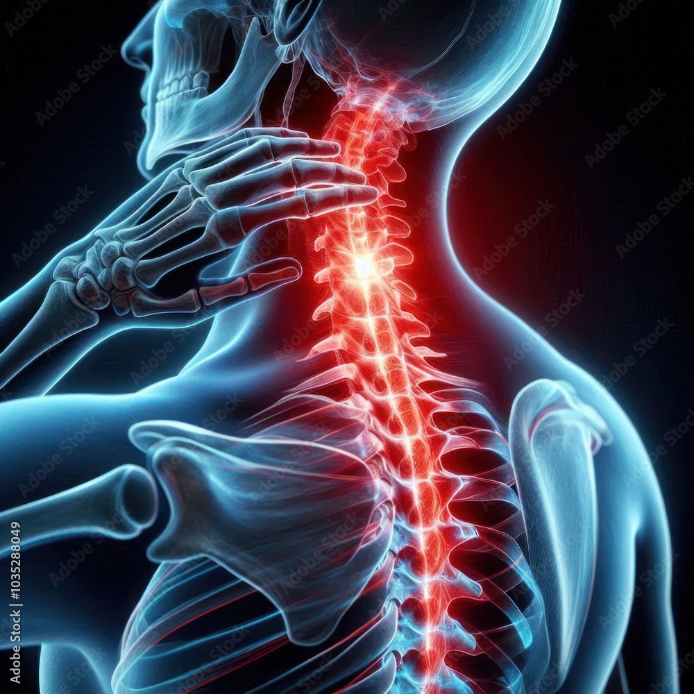 3D X-ray Illustration of Cervical Spine with Neck Pain Highlighted in Red, Depicting Spinal Injury or Tension 3D X-ray Illustration of Cervical Spine with Neck Pain Highlighted in Red, Depicting Spinal Injury or Tension