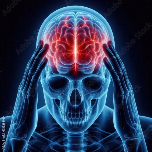 3D X-ray Illustration of Human Skull with Brain Highlighted in Red, Depicting Pain or Headache