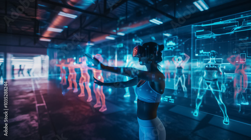 Person in a virtual reality gym using VR goggles and holograms for a complete fitness experience.