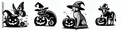 Whimsical Halloween illustration featuring animals and a butterfly on carved pumpkins, perfect for festive decor and themed projects.