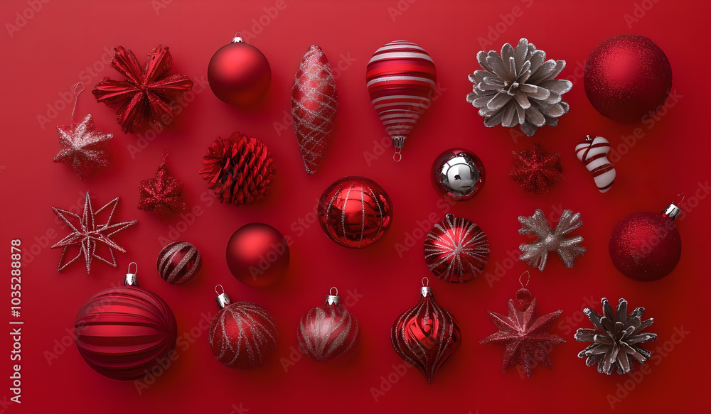 Red Christmas background. Flat lay of New Year toys on a red background. Red Christmas background. Flat lay of New Year toys on a red background.