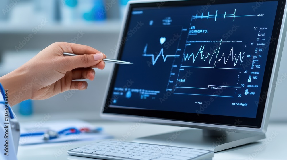 A doctor reviews heart rate data on a computer screen, using advanced medical technology to monitor a patient's cardiovascular health. A doctor reviews heart rate data on a computer screen, using advanced medical technology to monitor a patient's cardiovascular health.