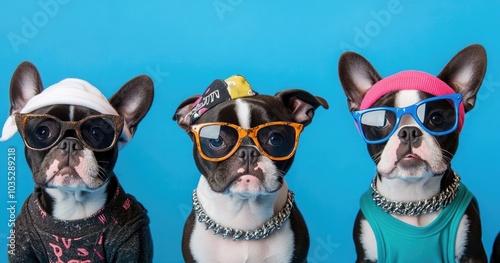 A group of cute Boston Terrier dogs wearing colorful and accessories, dressed as cool hip-hop rappers. photo