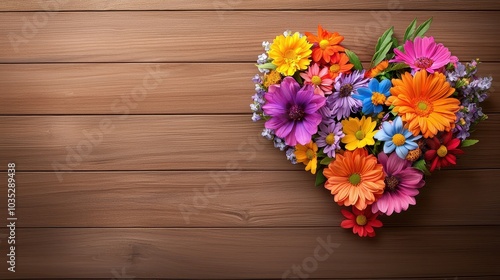 A heart-shaped bouquet of flowers in vivid colors, set against a wooden background for a rustic, vintage feel