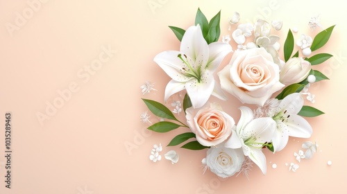 A heart-shaped floral arrangement with delicate roses and lilies, softly overlaid on a pastel pink background