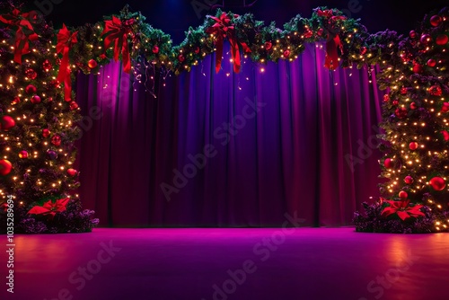 photograph of a purple background stage with red and green christmas garlands decoration in the corners with generative ai