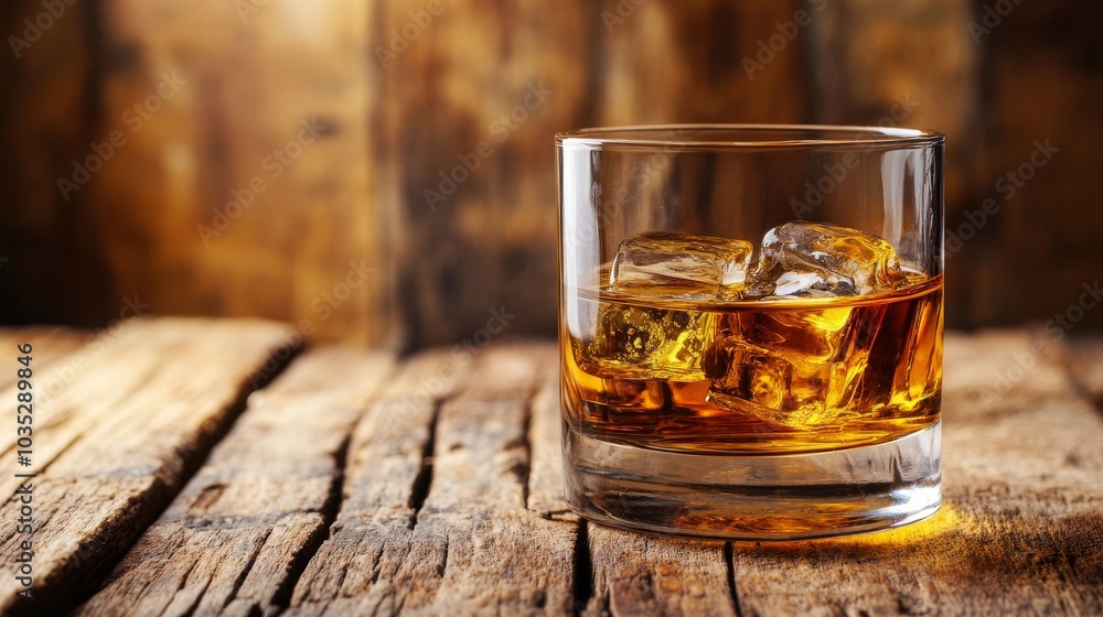 Glass of golden whiskey with ice on a rustic wooden table, close-up showcasing the amber liquid. Glass of golden whiskey with ice on a rustic wooden table, close-up showcasing the amber liquid.