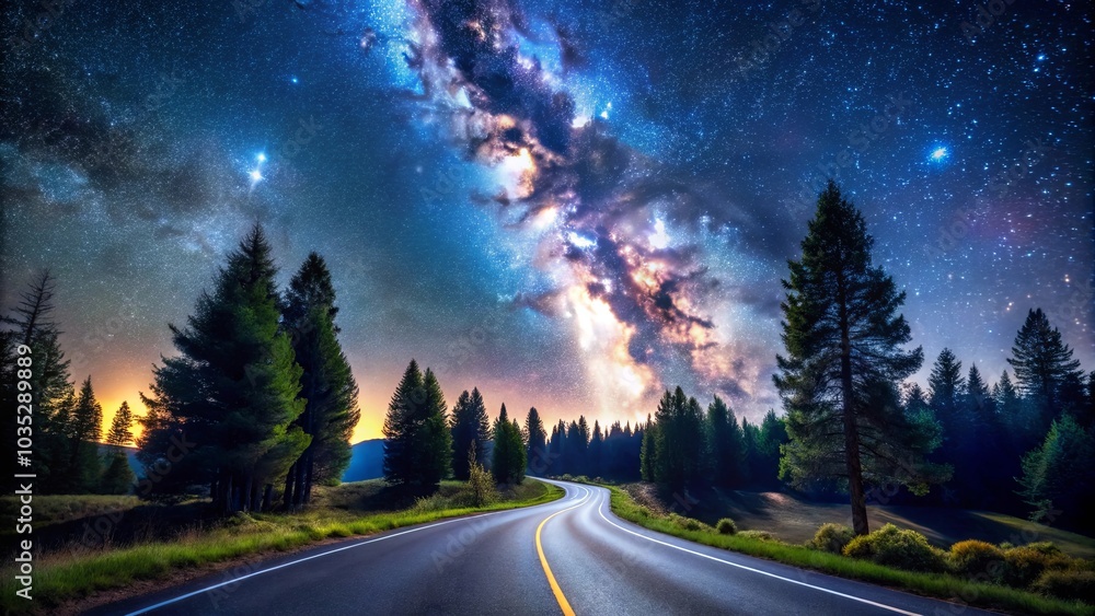 A winding asphalt road leads through a serene forest under a breathtaking canopy of stars, the Milky Way stretching across the sky in a vibrant display of celestial beauty. A winding asphalt road leads through a serene forest under a breathtaking canopy of stars, the Milky Way stretching across the sky in a vibrant display of celestial beauty.