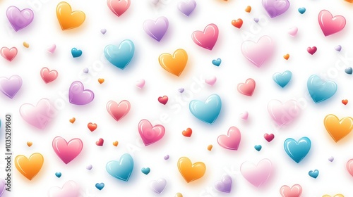 A lively heart pattern in vivid colors, scattered randomly across a white background for a bright and cheerful look