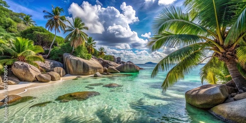 A serene coastal scene with lush palm trees framing crystal clear turquoise waters and large, smooth boulders scattered along the pristine white sand beach.