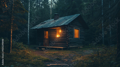 A dilapidated cabin in the woods with flickering lights.