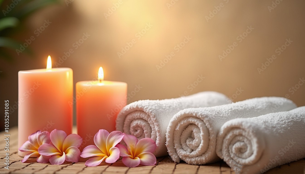 spa background with candles, rolled towels and flowers, serene atmosphere, banner for beauty salons, wellness centers, spa template spa background with candles, rolled towels and flowers, serene atmosphere, banner for beauty salons, wellness centers, spa template