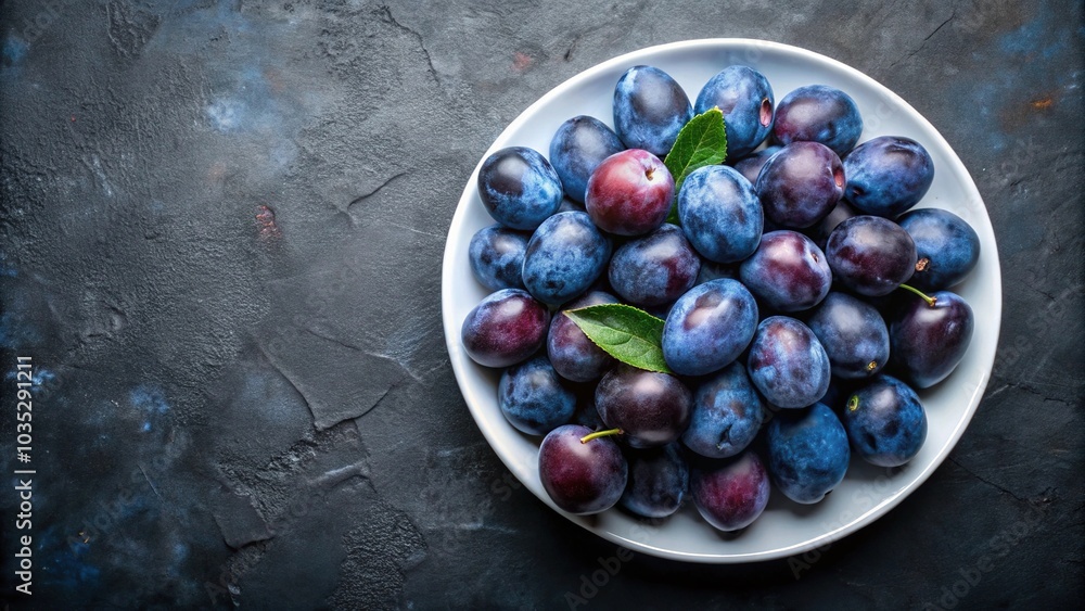 Blue plums on white plate against dark background Blue plums on white plate against dark background