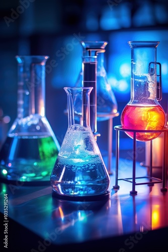 Vibrant and Colorful Laboratory Beakers Engaging in Exciting Chemical Reactions and Experiments. Flasks with dangerous poisons