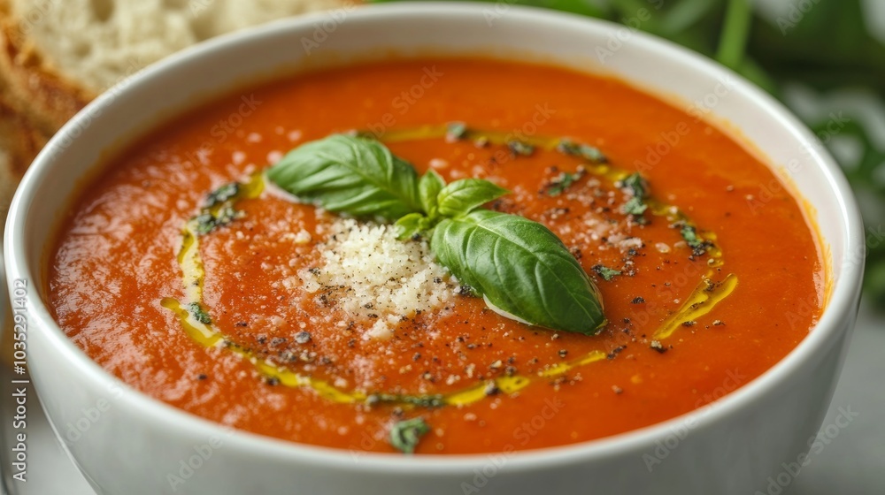 A comforting bowl of creamy tomato basil soup with roasted tomatoes, garlic, and fresh basil A comforting bowl of creamy tomato basil soup with roasted tomatoes, garlic, and fresh basil
