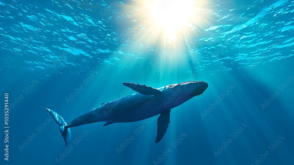 Obraz premium A majestic whale glides gracefully through crystal clear water, illuminated by vibrant sunlight rays, showcasing the beauty of marine life and ocean serenity.