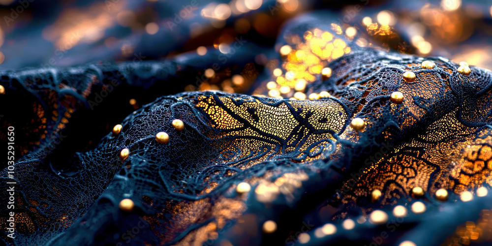 A blue fabric with gold beads on it A blue fabric with gold beads on it