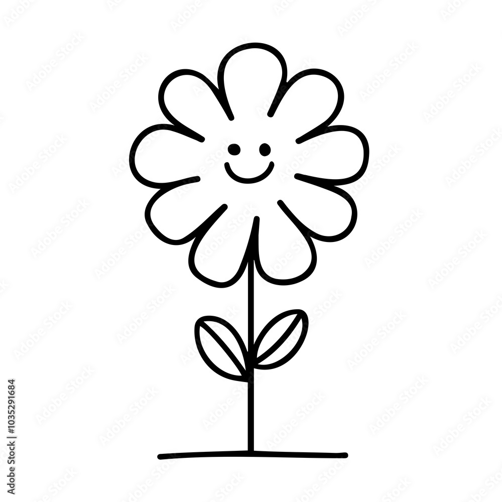 Fototapeta premium Simple Line Art of a Happy Flower on a White Background