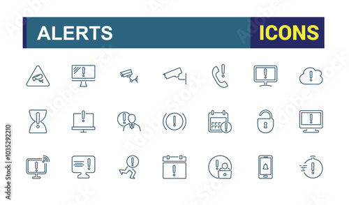 Warning and Alert icon set. Set of warn, alarm, caution, aware icons collection. Linear icon collection. Editable stroke. Vector illustration