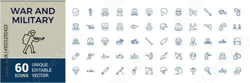 War and military icon collection. Set of army line icons. Editable Stroke. Military Equipment, tools, Soldier, Weapons, Gun. Vector illustration.