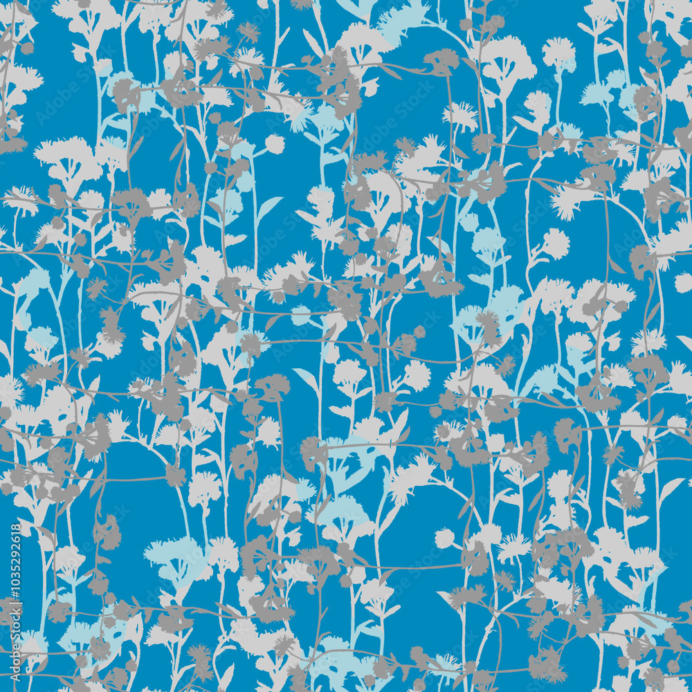 Abstract white and grey silhouette of flowers on blue background seamless pattern. Abstract white and grey silhouette of flowers on blue background seamless pattern.