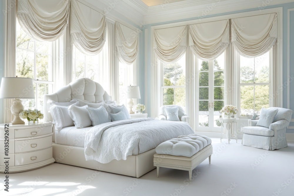 Tranquil bedroom with light blue walls, white bed, and vintage furniture Tranquil bedroom with light blue walls, white bed, and vintage furniture