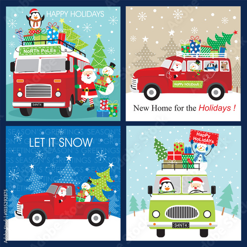 Christmas card design with santa, snowman and penguin in the car