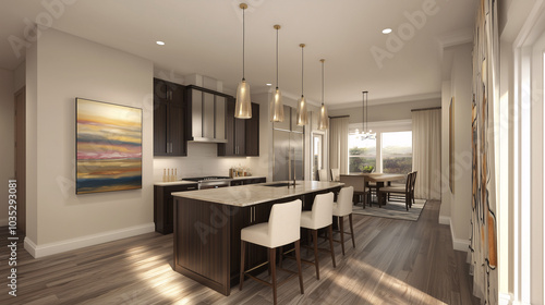 Contemporary kitchen with dark cabinets, subtle gold accents, and a minimalistic feel