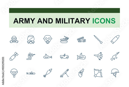 War and military icon collection. Set of army line icons. Editable Stroke. Military Equipment, tools, Soldier, Weapons, Gun. Vector illustration.