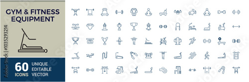 Set of line icons related to gym, fitness. Outline icon collection related to wellness, workout, exercise. Editable stroke. Vector illustration