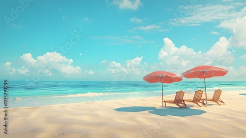 beach view with chairs and umbrellas for relaxing