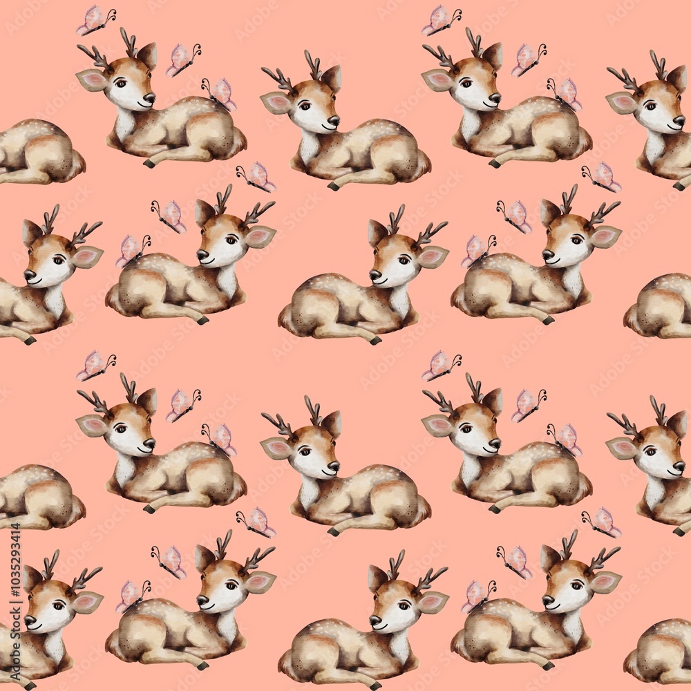 Fototapeta premium Cute baby animal deer seamless pattern digital watercolor background textile fabric girl daughter baby shower wrapping paper decor wallpaper butterfly wild forest park