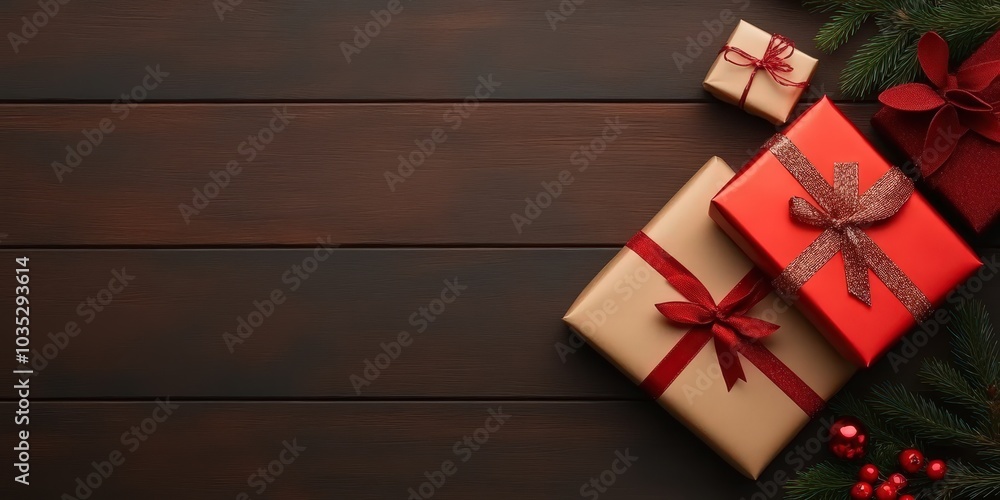 Festive Gift Boxes on Wooden Surface for Holidays Festive Gift Boxes on Wooden Surface for Holidays