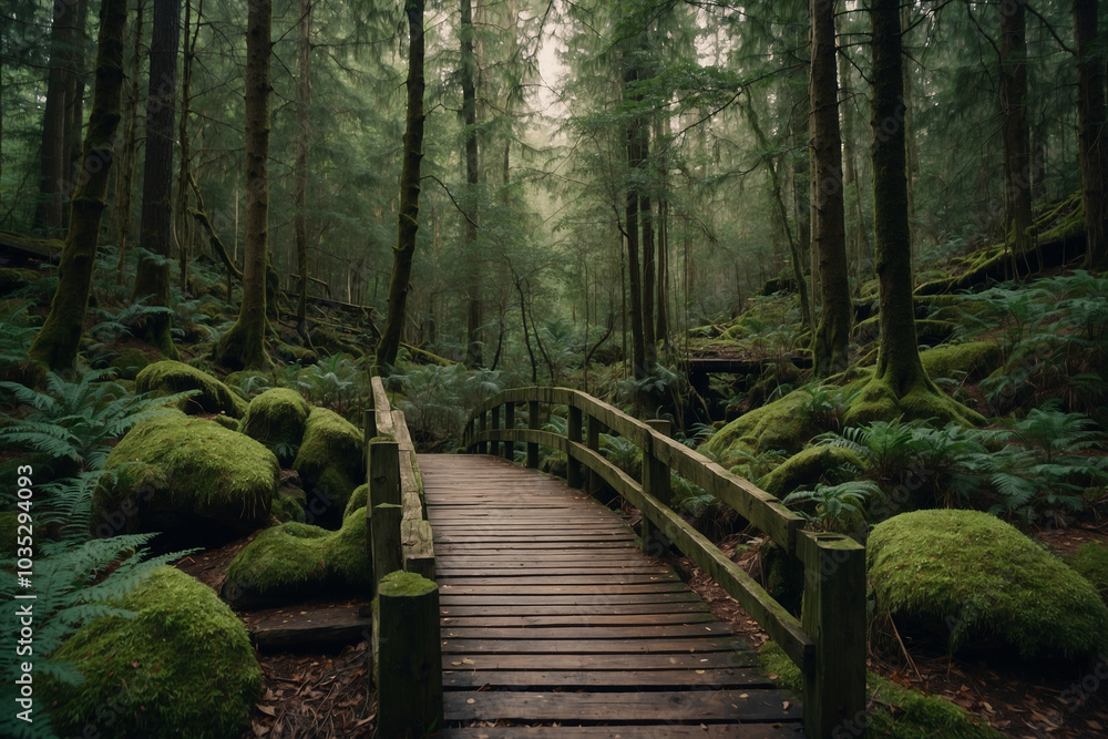 Obraz premium A small wooden bridge in the middle of the forest, filled with trees and plants beside it, a mossy wooden bridge