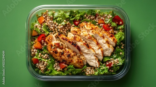 Glass container of salad with chicken and buckwheat on green background viewed from above