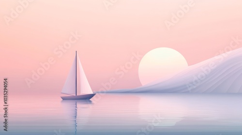 A small white sailboat is sailing on a calm body of water