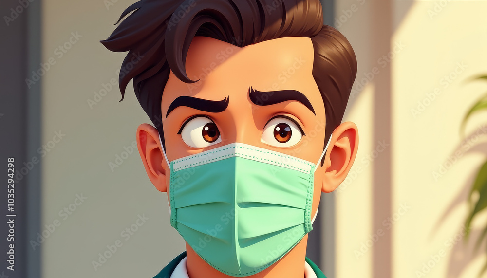 Animated man with expressive eyes wearing green mask indoors