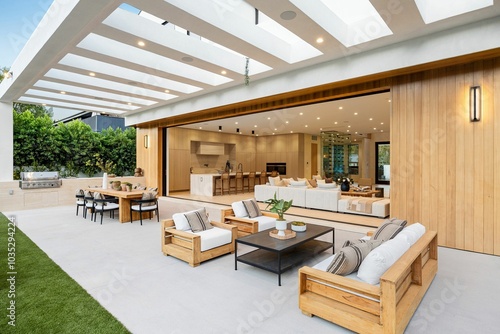 фотографія Luxurious modern outdoor patio with open living space.