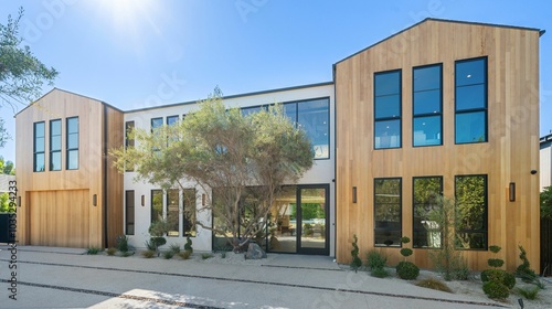 Modern two-story house with wood paneling and large windows.